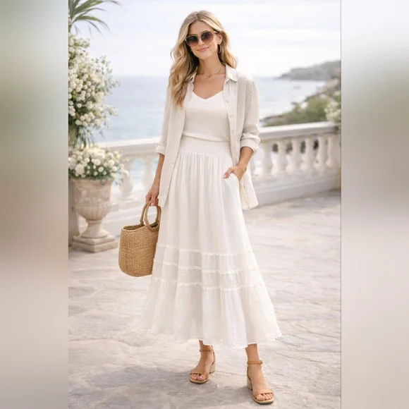 Lulus Sunny Baby White Smocked Tiered High-Waisted Midi Skirt - Large | NWT - Picture 2 of 7